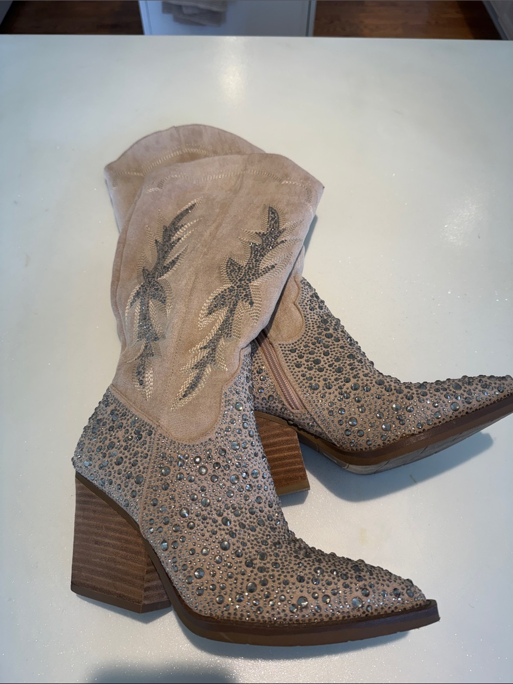 Studded Tan Suede Western Boot with Chunky Heel